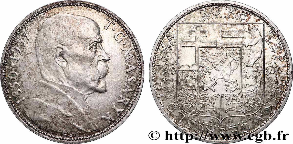 CZECHOSLOVAKIA 20 Korun Mort du Président Thomas Masaryk 1937  AU 