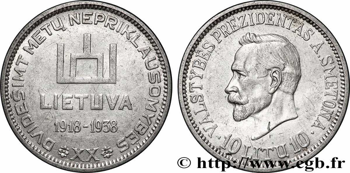 LITUANIE 10 Litu 20e anniversaire de la république 1938  TTB+ 