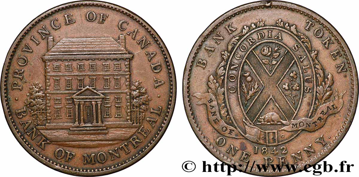 CANADA 1 Penny Province du Bas Canada Banque de Montréal 1842  TTB 