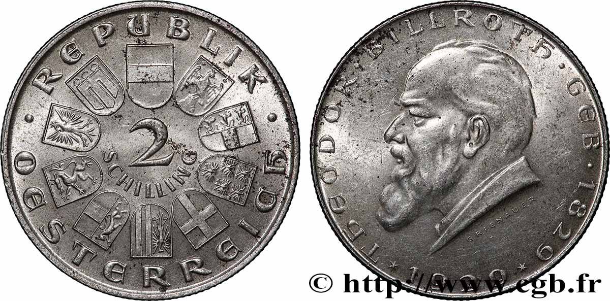 AUSTRIA 2 Schilling 100e anniversaire naissance du Dr Theodor Billroth, chirurgien du pharynx et de l&nbsp;estomac 1929 Viennze MBC+ 