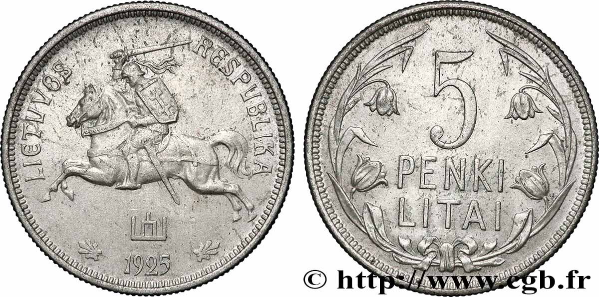 LITUANIE 5 Litai chevalier Vitis 1925 Londres TTB 
