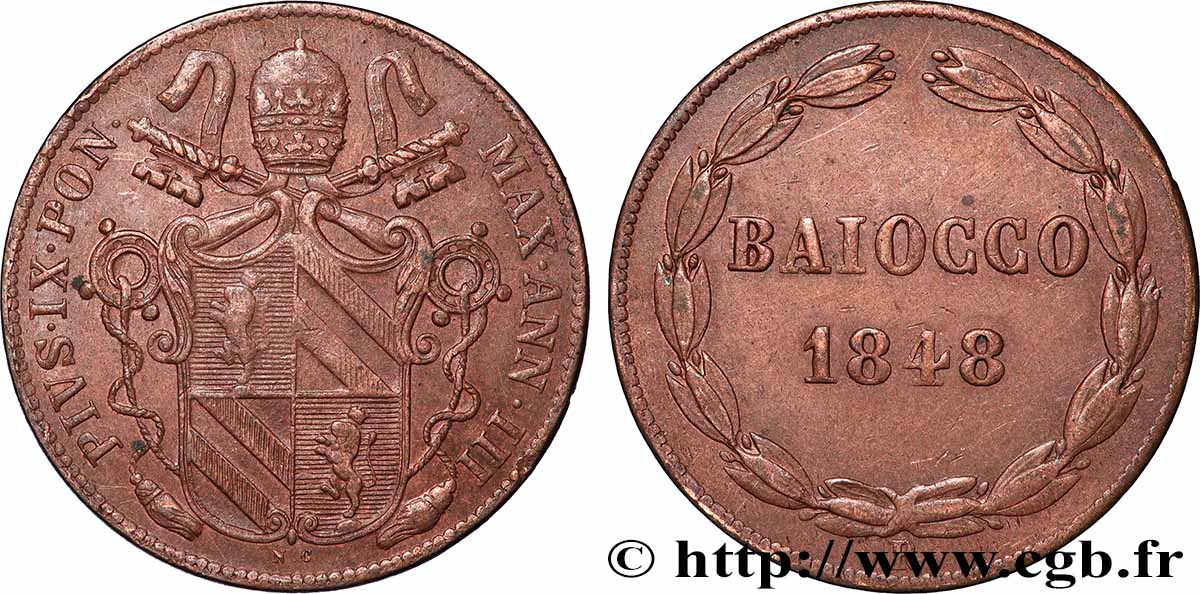 VATICAN ET ÉTATS PONTIFICAUX 1 Baiocco Pie IX an III 1848 Rome TTB 