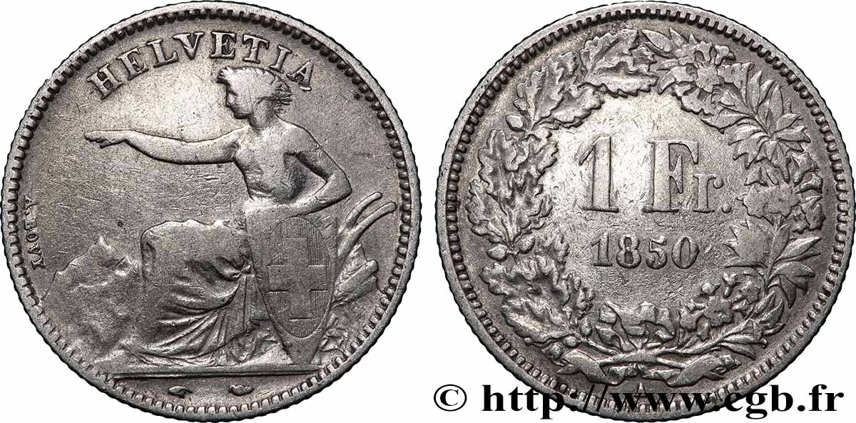 SUISSE - CONFÉDÉRATION HELVÉTIQUE 1 Franc Helvetia assise 1850 Paris TB 