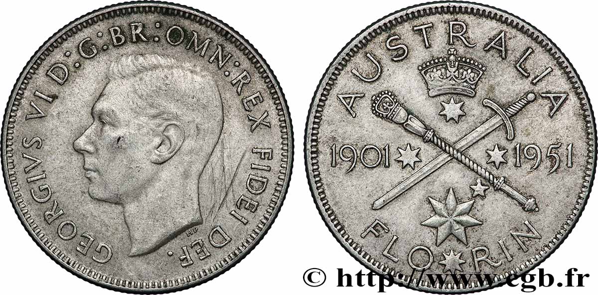 AUSTRALIA 1 Florin Georges VI 50e anniversaire du Commonwealth d’Australie 1951 Melbourne XF 