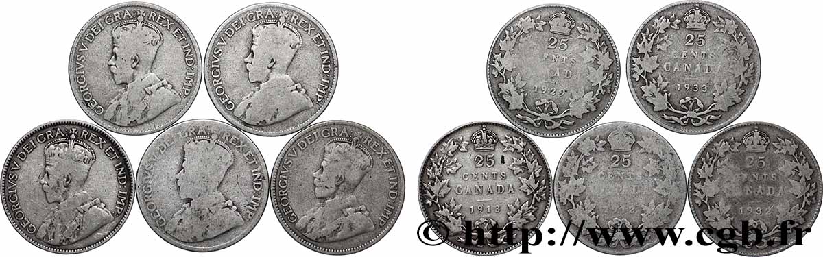 CANADA Lot 5 x 25 Cents Georges V n.dD.  VF 