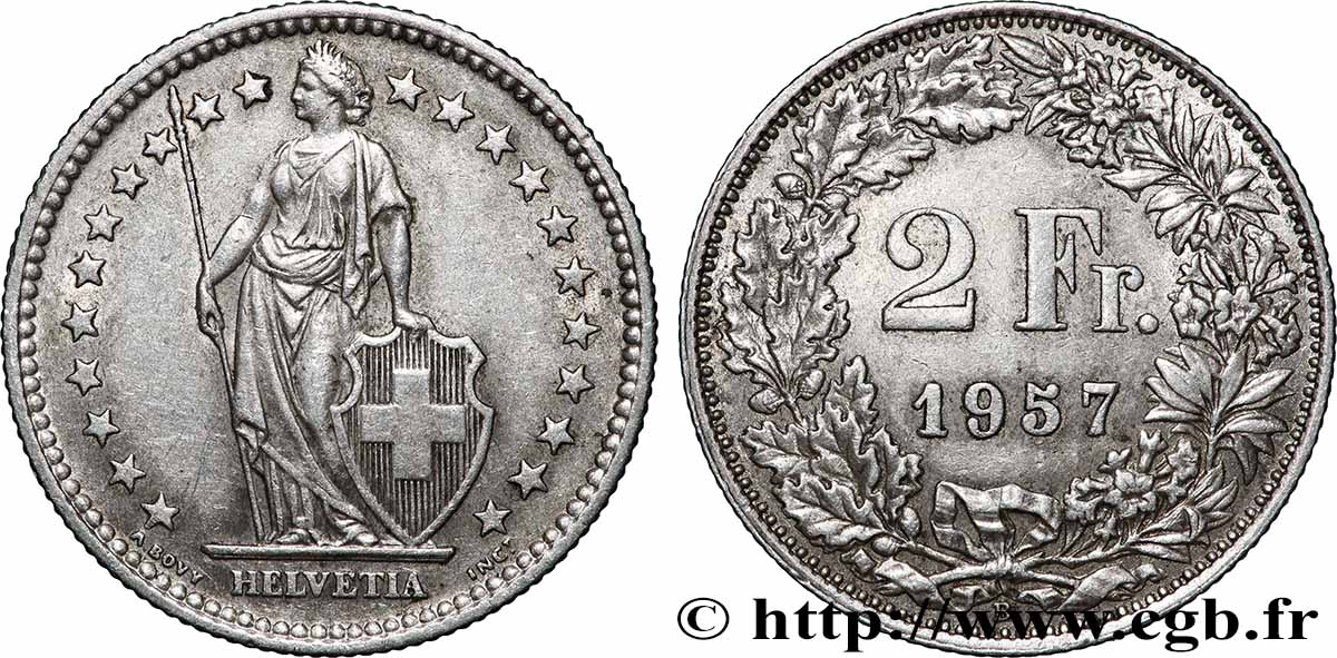 SUISSE 2 Francs Helvetia 1957 Berne TTB+ 