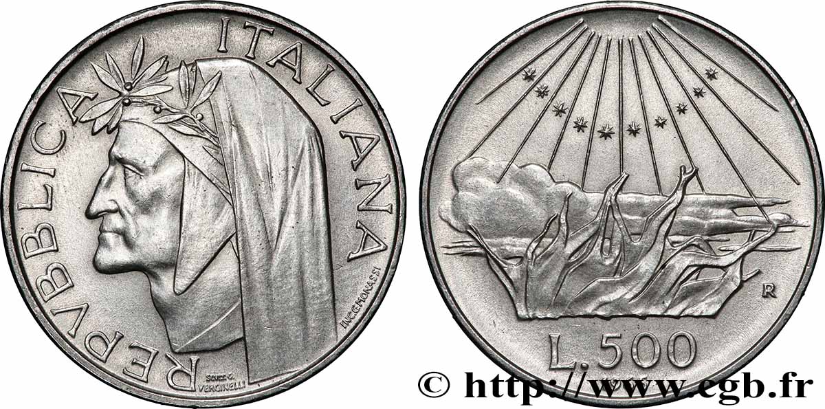 ITALIE 500 Lire 700e anniversaire de la naissance de Dante Alighieri / l’Enfer 1965 Rome TTB+ 