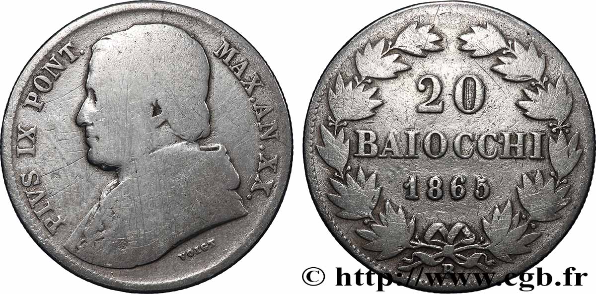 VATICAN ET ÉTATS PONTIFICAUX 20 Baiocchi Pie IX an XX 1865 Rome TB 