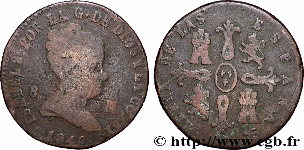 ESPAGNE 8 Maravedis Isabelle II 1846 Jubia TB 