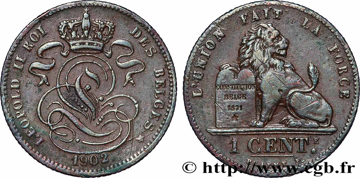 BELGIUM 1 Centime Léopold II légende française 1902 Bruxelles AU 