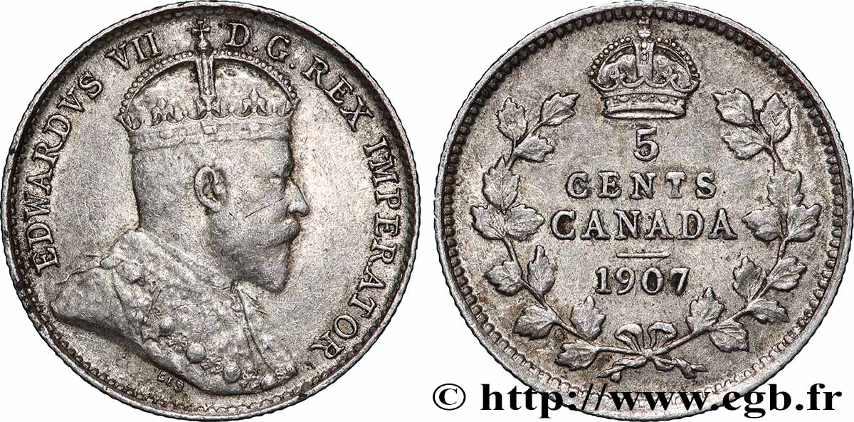 CANADA 5 Cents Édouard VII ‘Maple” 1907  XF 