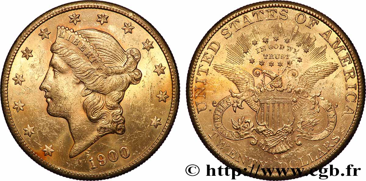 OR, PALLADIUM ET PLATINE INVESTISSEMENT 20 Dollars &nbsp;Liberty&nbsp; 1900 San Francisco TTB+ 