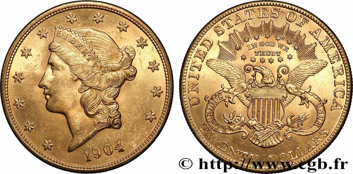 GOLD-, PALLADIUM- UND PLATIN-INVESTITIONEN 20 Dollars &nbsp;Liberty&nbsp; 1904 Philadelphie VZ 