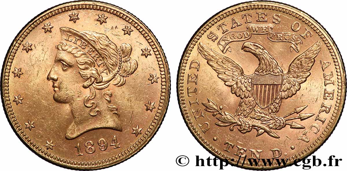 ORO, PALADIO Y PLATINO INVERSIÓN 10 Dollars &nbsp;Liberty&nbsp; 1894 Philadelphie MBC+ 