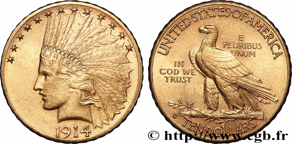 GOLD-, PALLADIUM- UND PLATIN-INVESTITIONEN 10 Dollars &nbsp;Indian Head&nbsp;, 2e type 1914 Denver fVZ 
