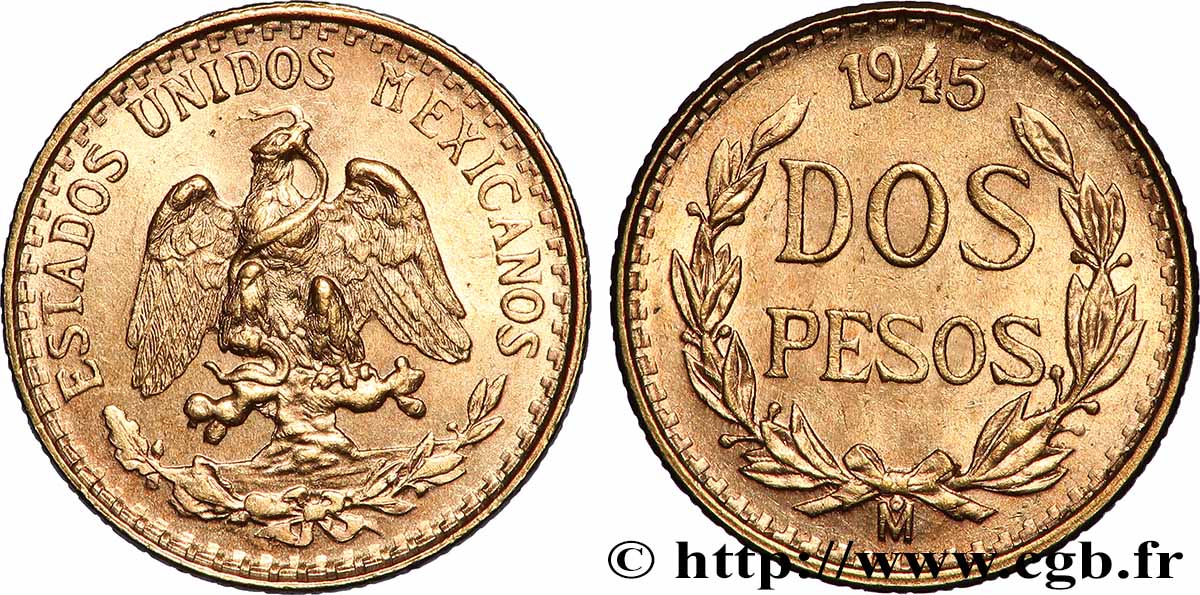 GOLD-, PALLADIUM- UND PLATIN-INVESTITIONEN 2 Pesos 1945 Mexico VZ 