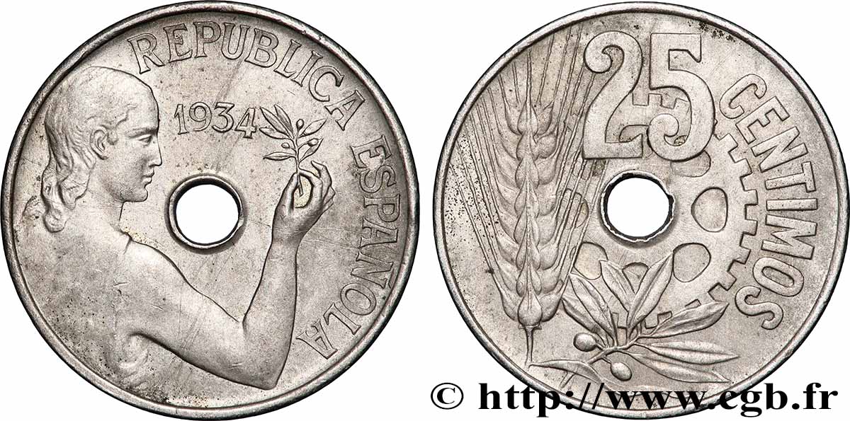 ESPAGNE 25 Centimos monnayage républicain 1934  TTB+ 