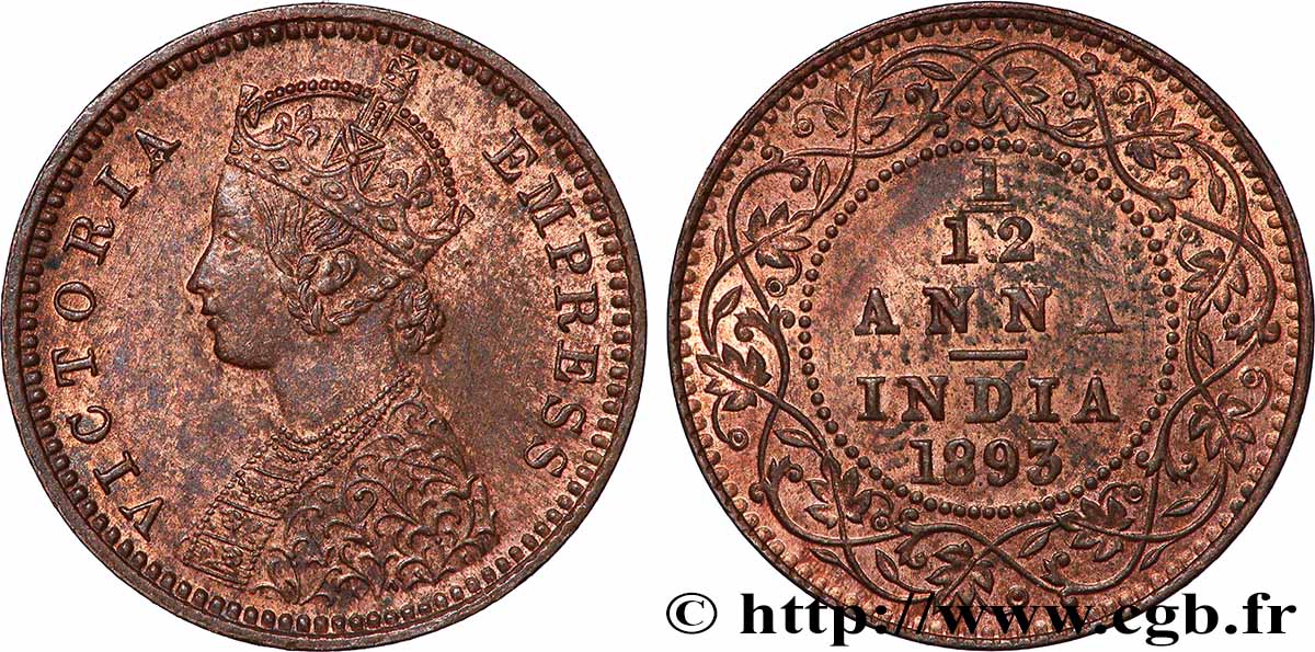 BRITISH INDIA 1/12 Anna Victoria 1893 Calcutta AU 