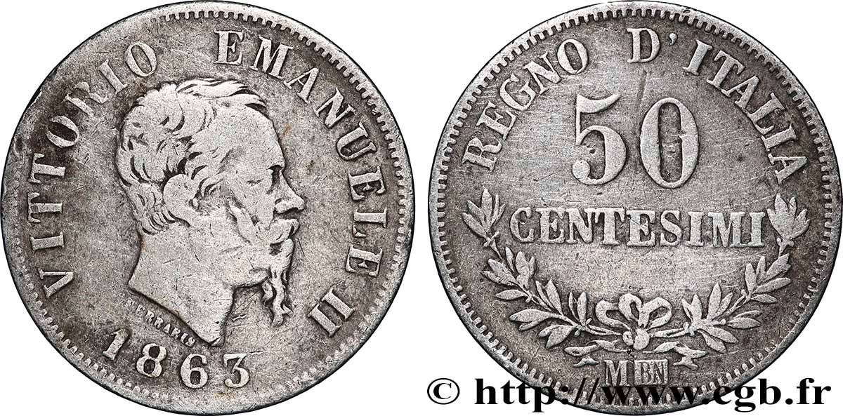 ITALIE 50 Centesimi Victor Emmanuel II 1863 Milan TB+ 