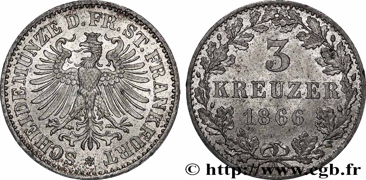 ALLEMAGNE - VILLE LIBRE DE FRANCFORT 3 Kreuzer  1866 Francfort SUP 