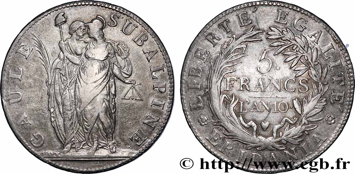 ITALIE - GAULE SUBALPINE 5 Francs an 10 1802 Turin TTB 