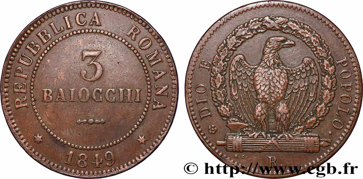 ITALIE - RÉPUBLIQUE ROMAINE 3 Baiocchi 1849 Rome TTB 