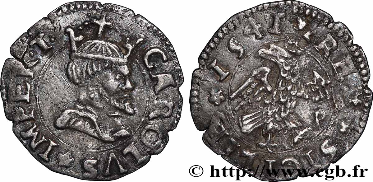 ITALIE - ROYAUME DE SICILE - CHARLES QUINT 1/2 Tari 1541  TTB 