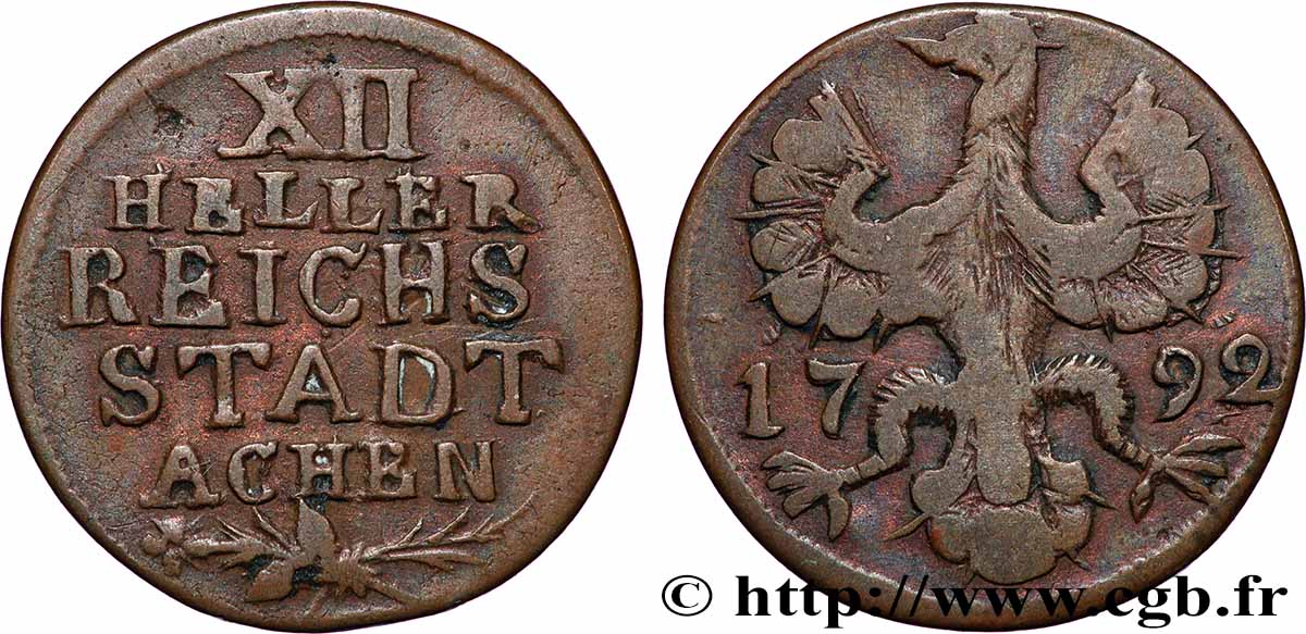 GERMANY - AACHEN 12 (XII) Heller ville de Aachen aigle 1792  XF 