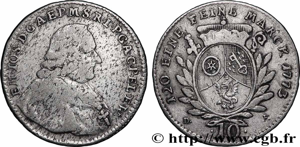 ALLEMAGNE - MAYENCE 10 Kreuzer Emmerich Joseph 1773  TB+/TTB 