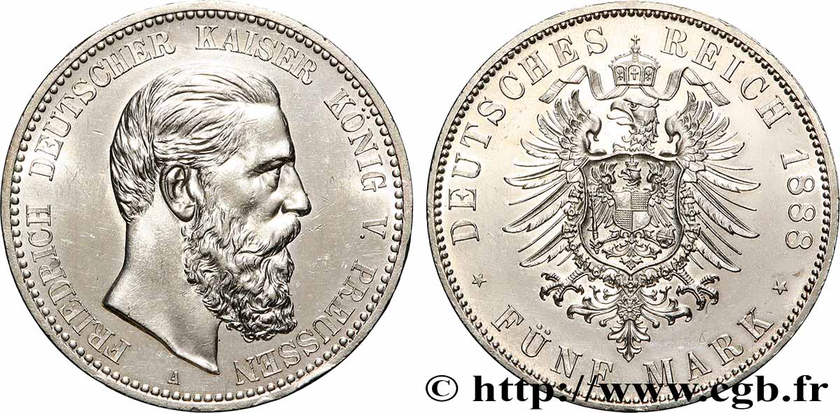 ALLEMAGNE - ROYAUME DE PRUSSE - FRÉDÉRIC III 5 Mark  1888 Berlin AU 