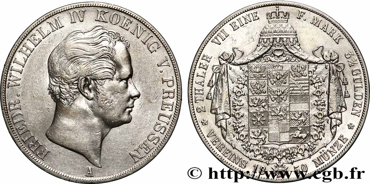 ALLEMAGNE - ROYAUME DE PRUSSE - FRÉDÉRIC-GUILLAUME IV 2 Thaler  1850 Berlin TTB+ 