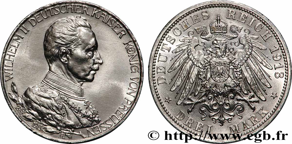 ALLEMAGNE - PRUSSE 3 Mark 25e anniversaire de règne de Guillaume II 1913 Berlin SUP 