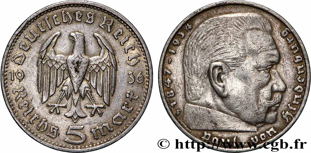 ALLEMAGNE 5 Reichsmark Maréchal Paul von Hindenburg 1936 Stuttgart TTB 