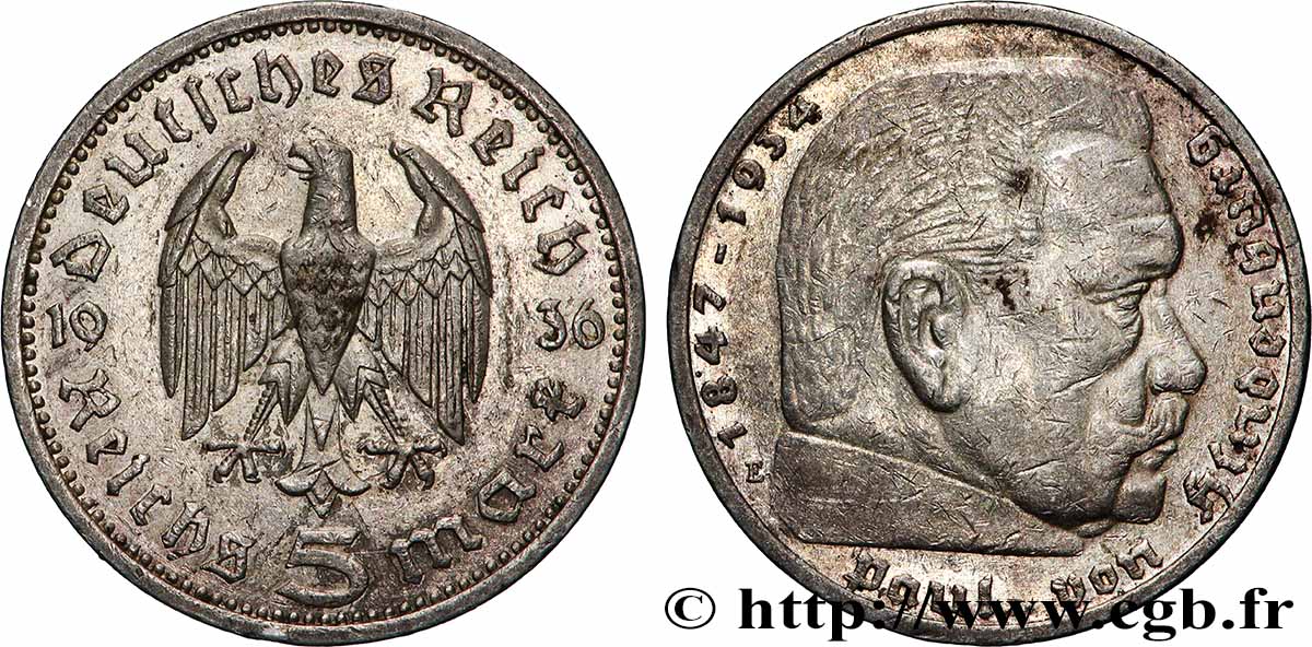 ALLEMAGNE 5 Reichsmark Maréchal Paul von Hindenburg 1936 Muldenhütten - E TTB+ 