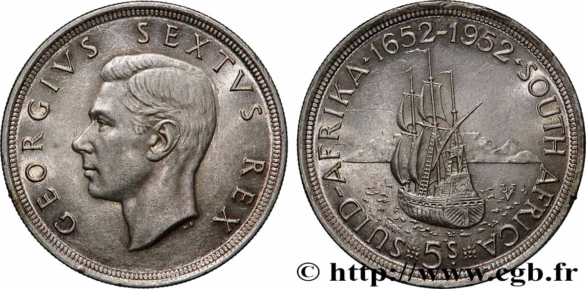 SOUTH AFRICA 5 Shillings 300e anniversaire fondation de la ville du Cap 1952 Pretoria AU 