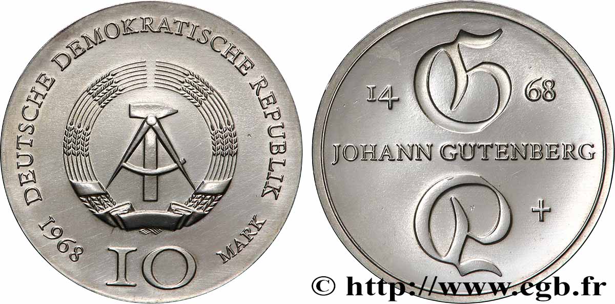 ALLEMAGNE RÉPUBLIQUE DÉMOCRATIQUE 10 Mark Johann Gutenberg 1968 Berlin SUP 