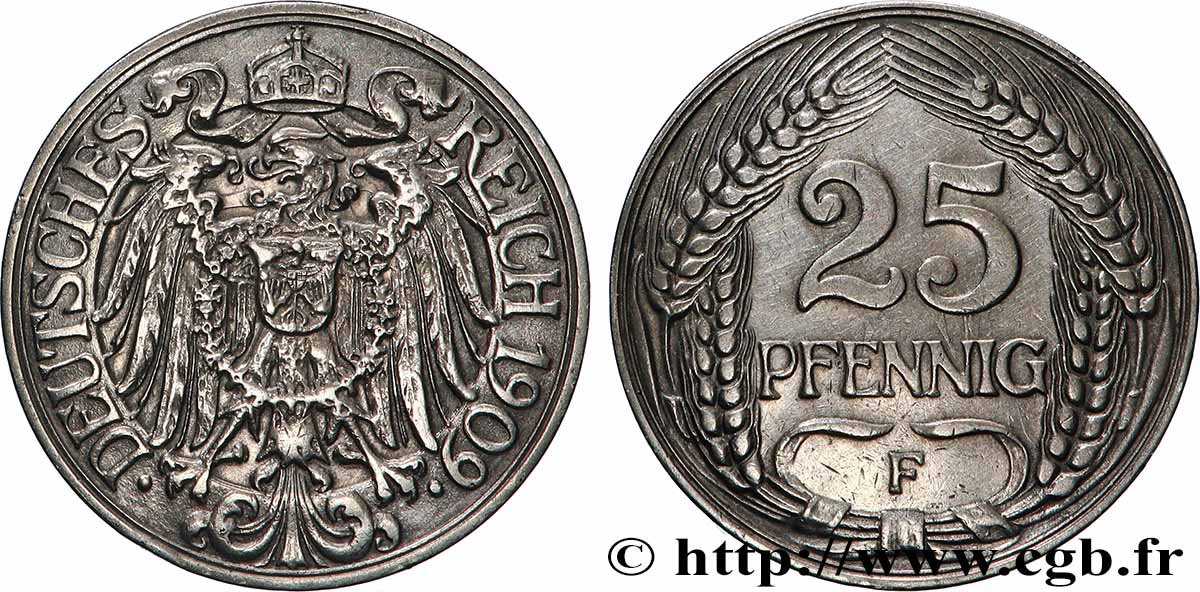 DEUTSCHLAND 25 Pfennig Empire aigle impérial 1909 Stuttgart SS 