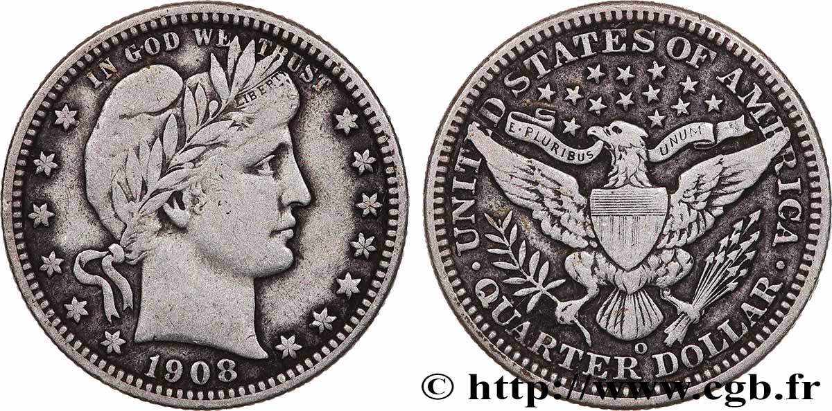 VEREINIGTE STAATEN VON AMERIKA 1/4 Dollar Barber 1908 Nouvelle-Orléans fSS 