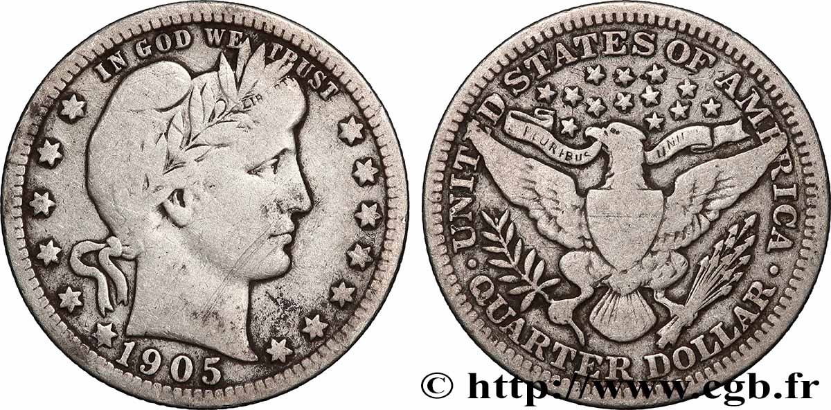 ÉTATS-UNIS D&nbsp;AMÉRIQUE 1/4 Dollar Barber 1905 Philadelphie TB 