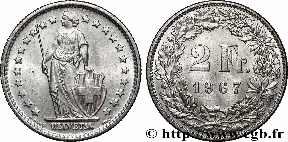 SCHWEIZ 2 Francs Helvetia 1967 Berne - B VZ 