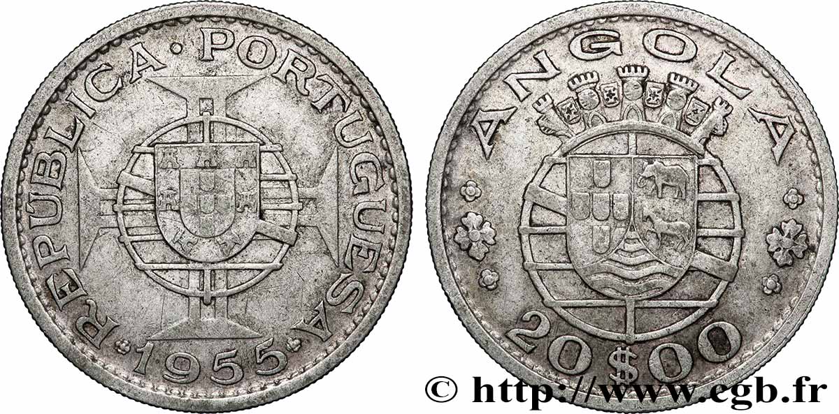 ANGOLA 20 Escudos emblème du Portugal 1955 Lisbonne BB 