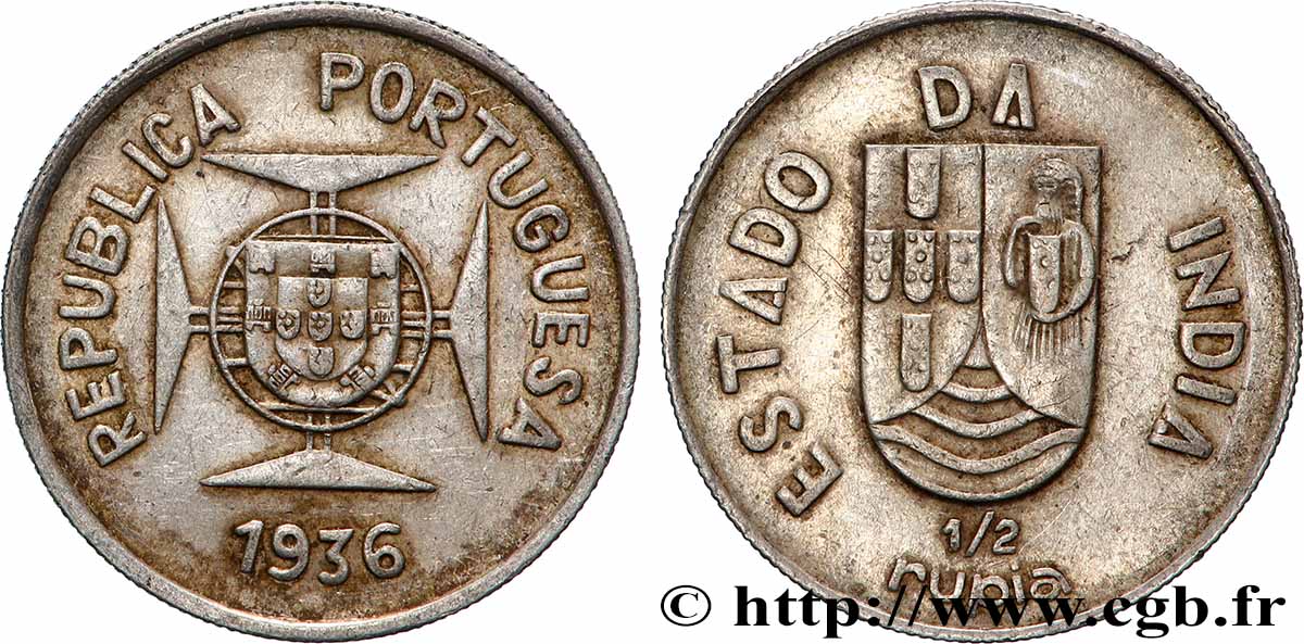 INDIA PORTOGHESE 1/2 Rupia République Portugaise 1936 Lisbonne BB 