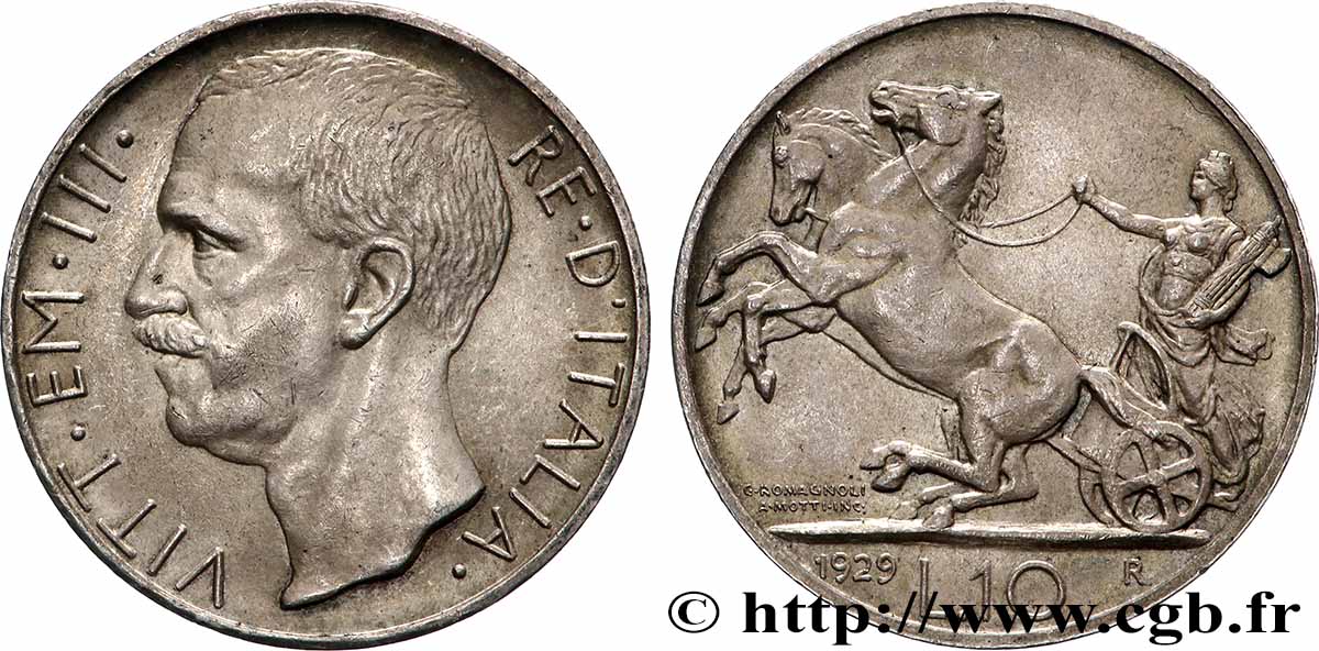 ITALIE - VICTOR EMMANUEL III 10 Lire char antique 1929 Rome fVZ 