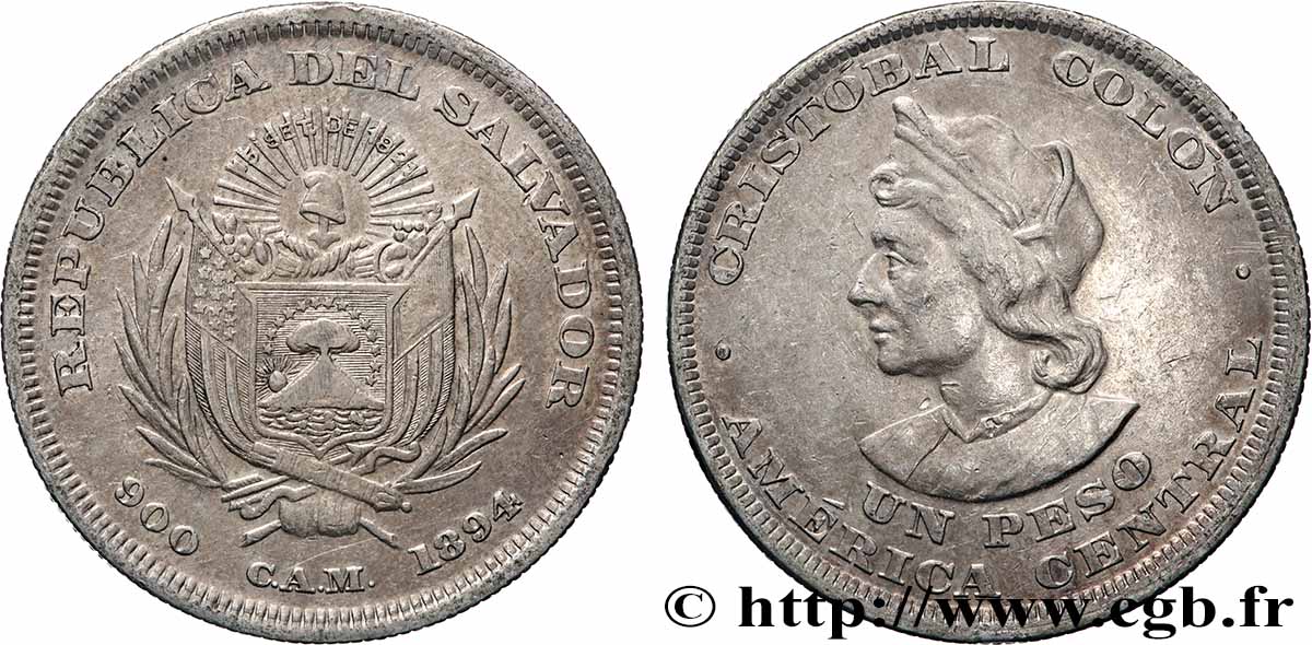 EL SALVADOR 1 Peso Christophe Colomb 1894  q.SPL 