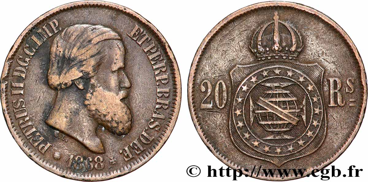 BRASILIEN 20 Réis Empereur Pierre II 1868 Rio de Janeiro SS 