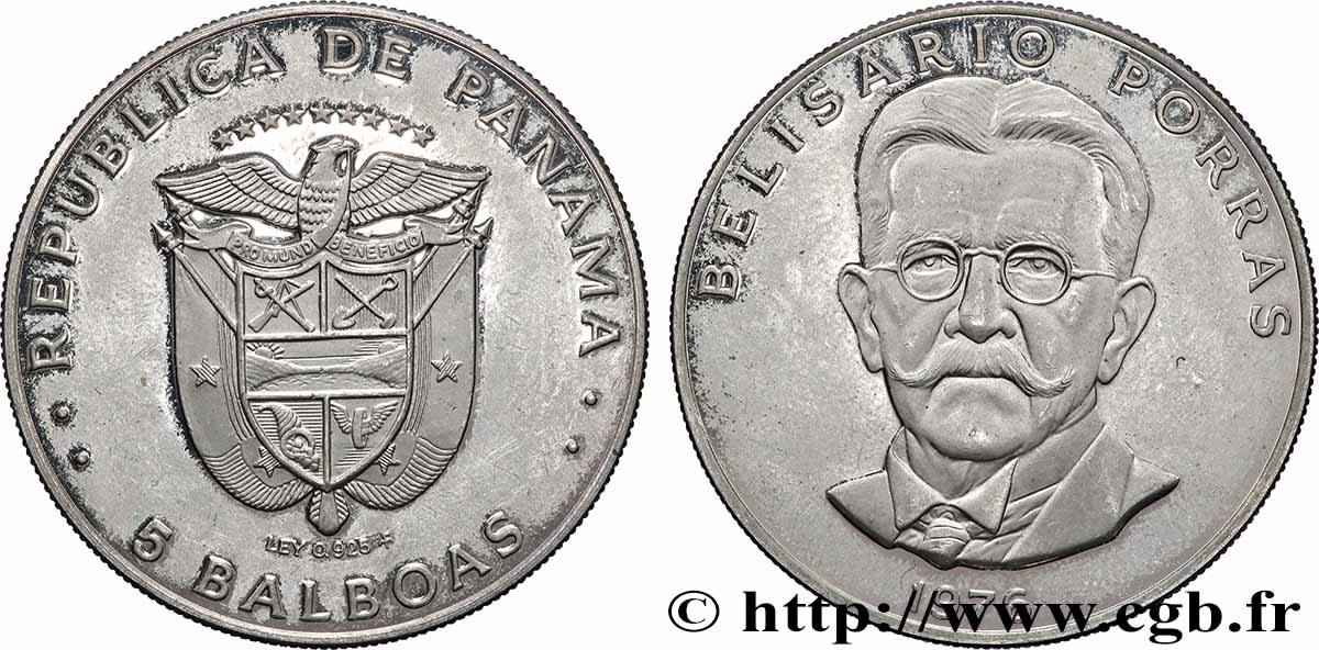 PANAMA 5 Balboas Proof Belisario Porras 1976 Franklin Mint SPL 