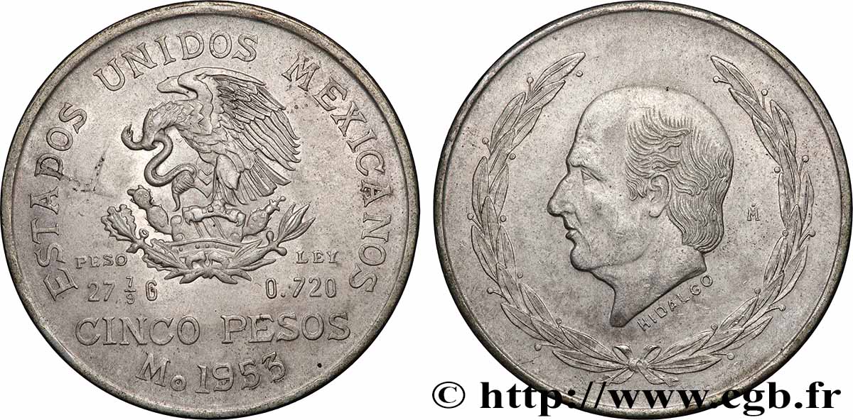 MEXIQUE 5 Pesos Bicentenaire de la naissance d’Hidalgo 1953 Mexico TTB+ 