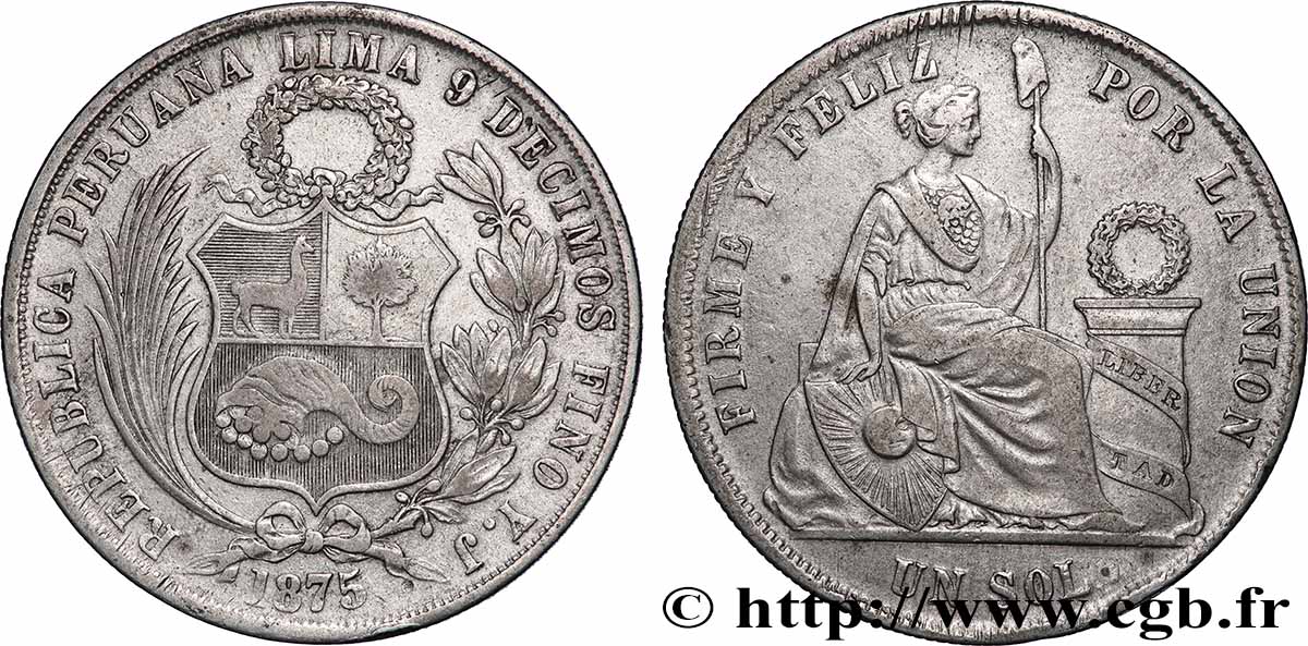 PERU 1 Sol “Liberté” assise 1875 Lima XF 