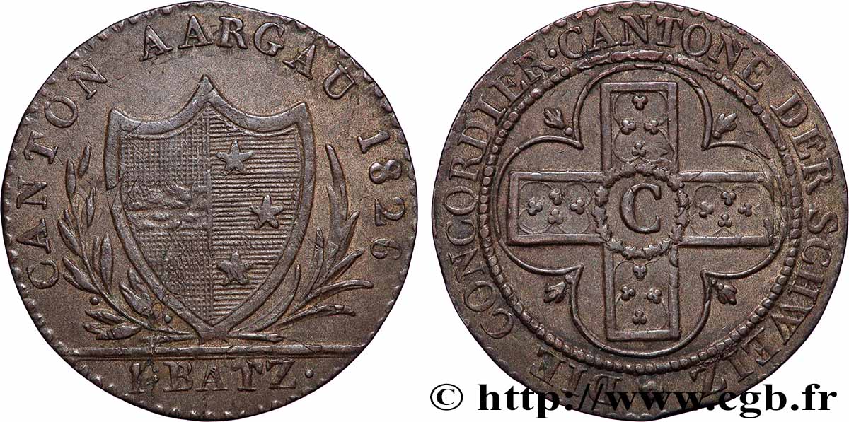 SVIZZERA - CANTONE ARGOVIA 1 Batzen 1826  BB/q.SPL 