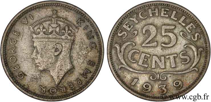 SEYCHELLES 25 Cents Georges VI 1939 British Royal Mint XF 